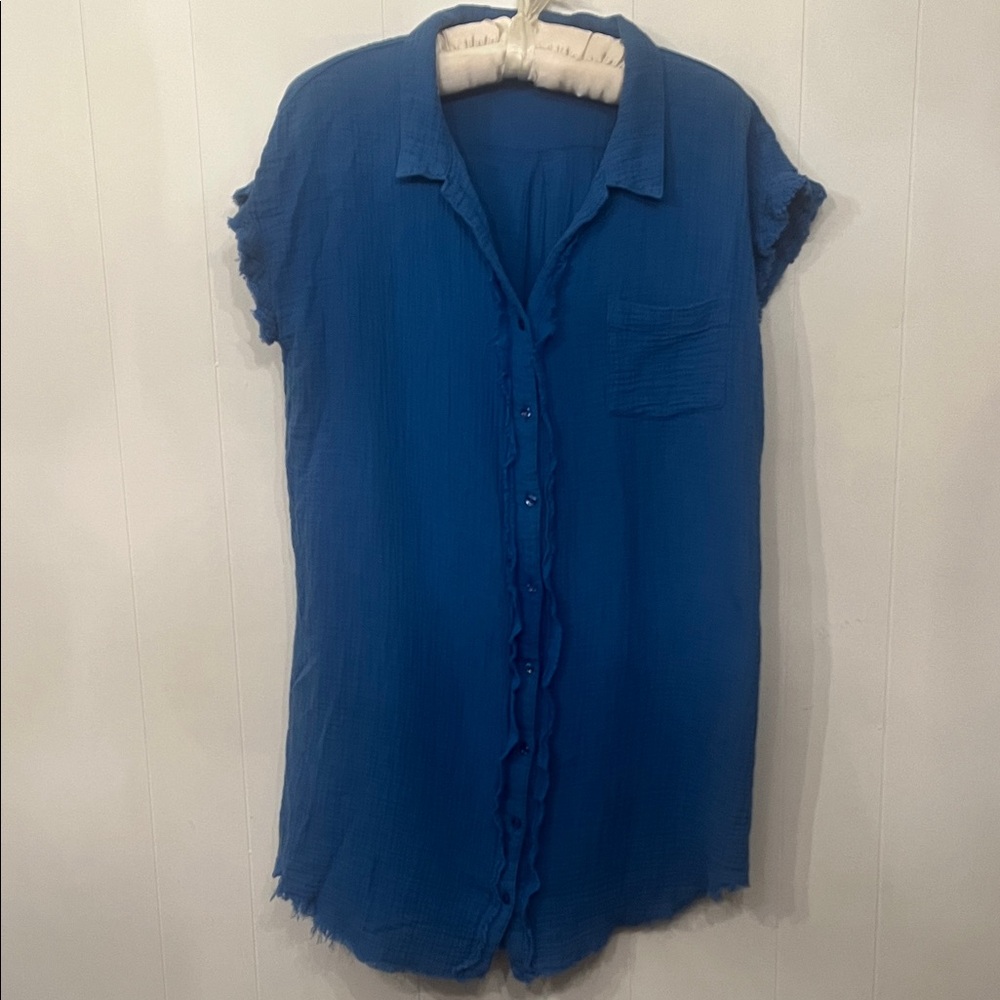 Umgee Cobalt Blue Short Sleeve Button-Down Tunic